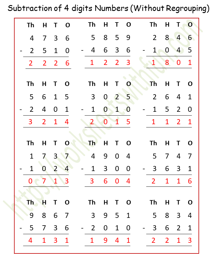 course maths class 4 topic subtraction worksheets